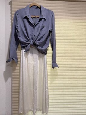 Light Cream Maxi Skirt - Versatile Everyday Style with Blue Shirt set